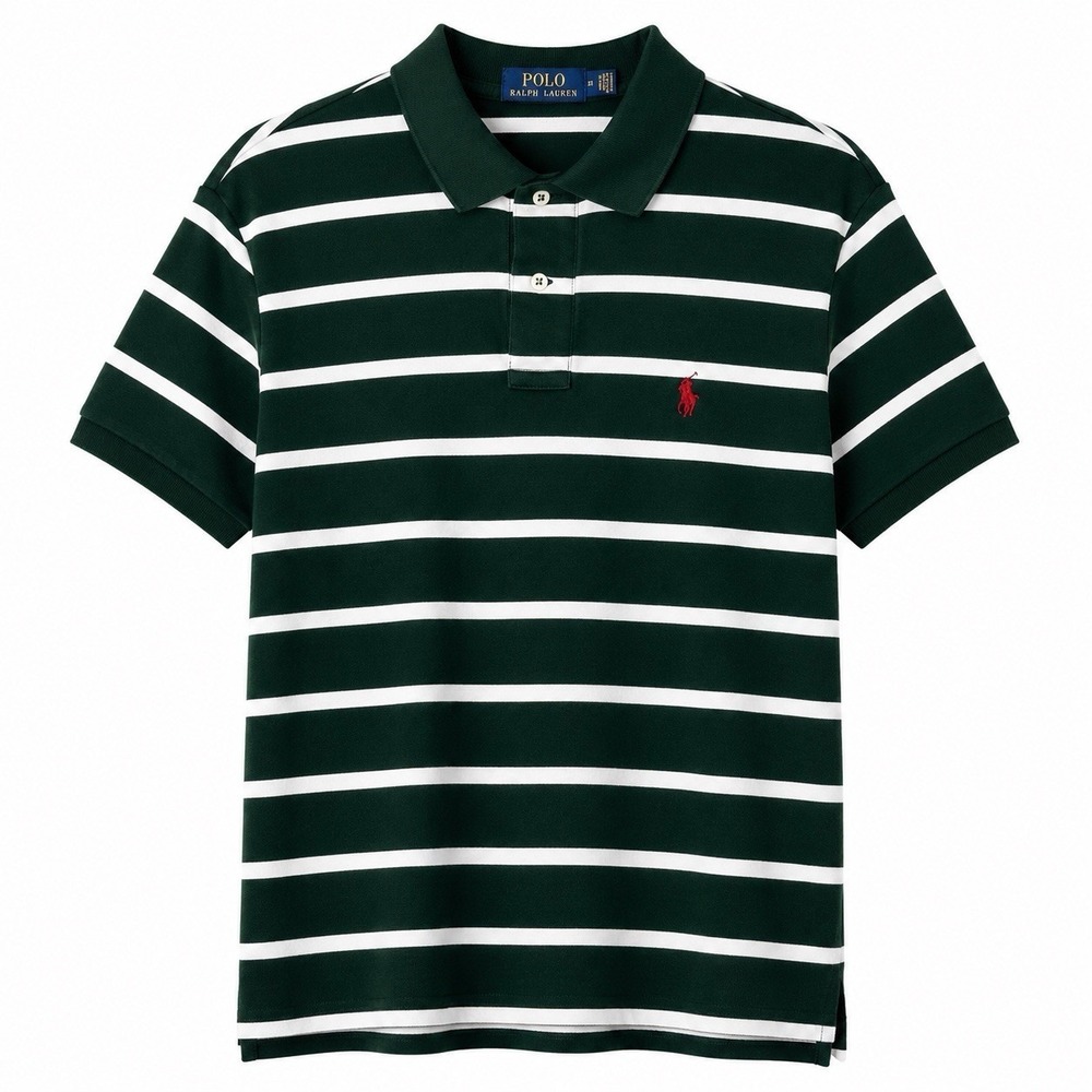 Polo Ralph Lauren Polo Shirt Mens M Green White Stripe Red Pony 100% Cotton Soft